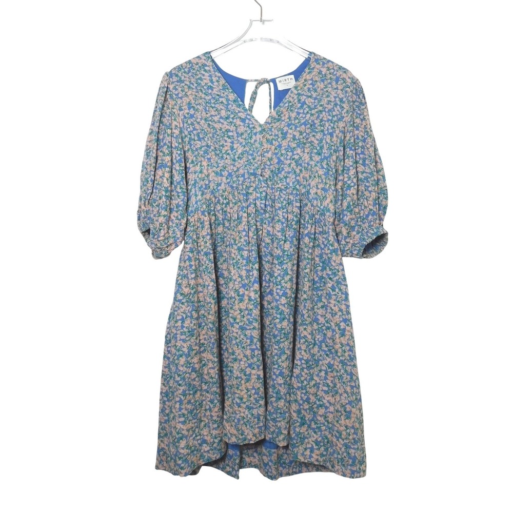 Mirth Perth Backless Short Dress Blueberry Floral Cotton Puff Sleeve Size M